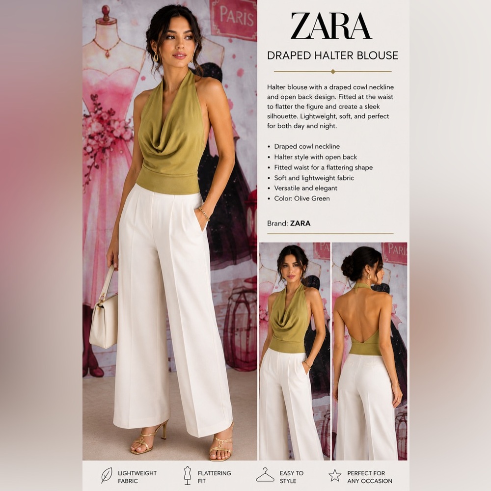 ZARA Olive Green Draped Halter Top with White Wide-Leg Pants